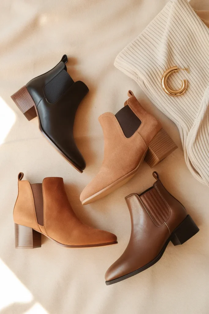 Three neutral capsule wardrobe best ankle boots in black, camel, and espresso on oat linen.