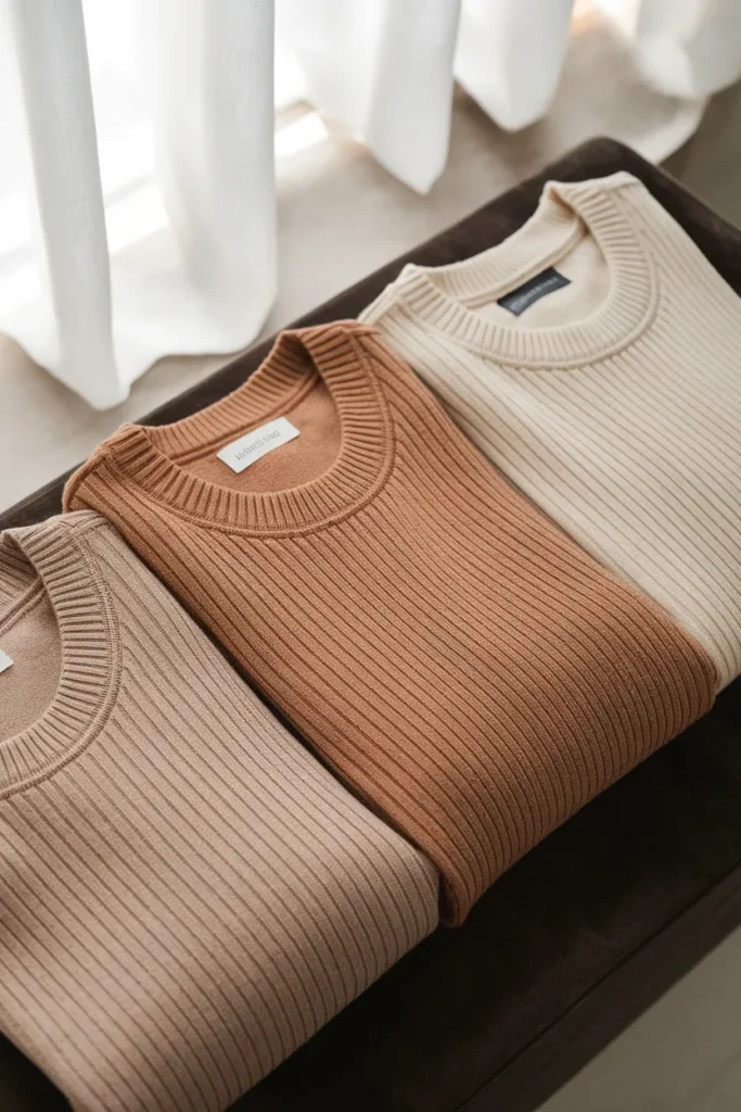 Three neutral sweater pairings showing low, medium, and high contrast levels.