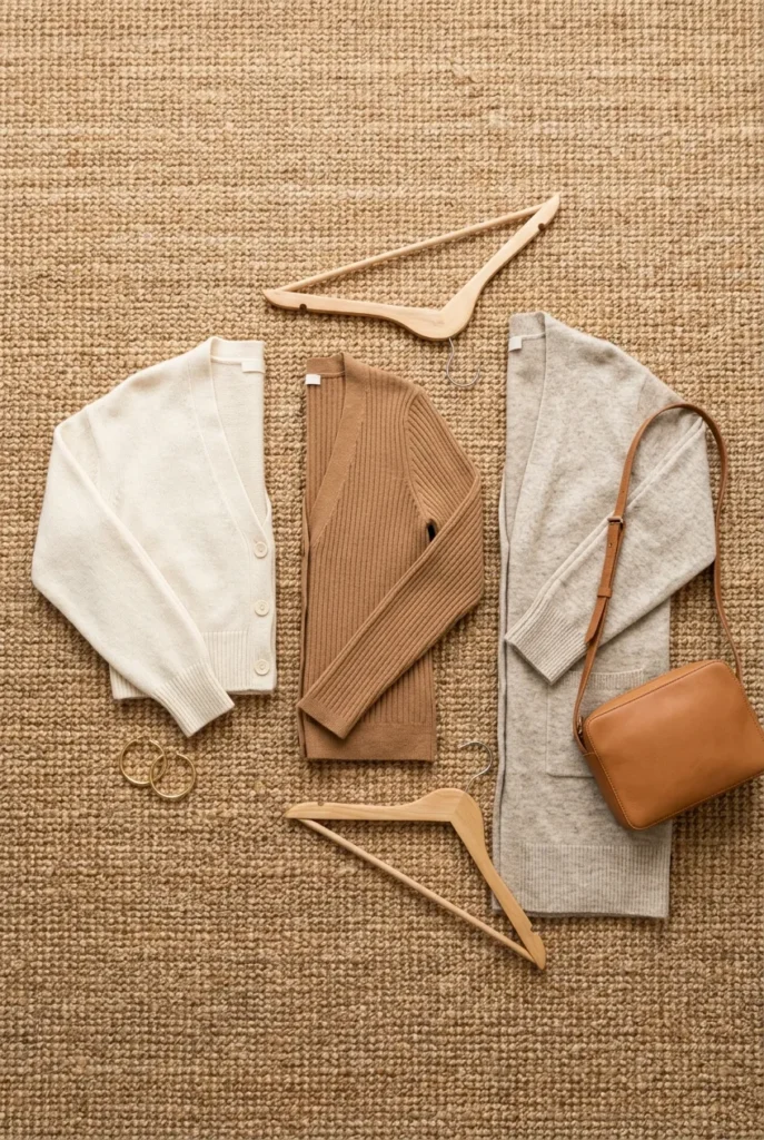 Three-piece cardigan capsule flat-lay in cream, camel, and oatmeal neutrals
