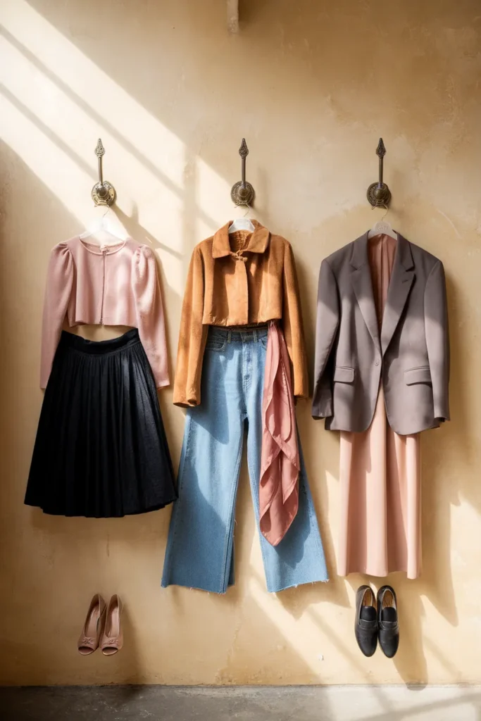 Three retro capsule wardrobe outfits on hooks comparing 1950s, 1970s, and 1990s era styles