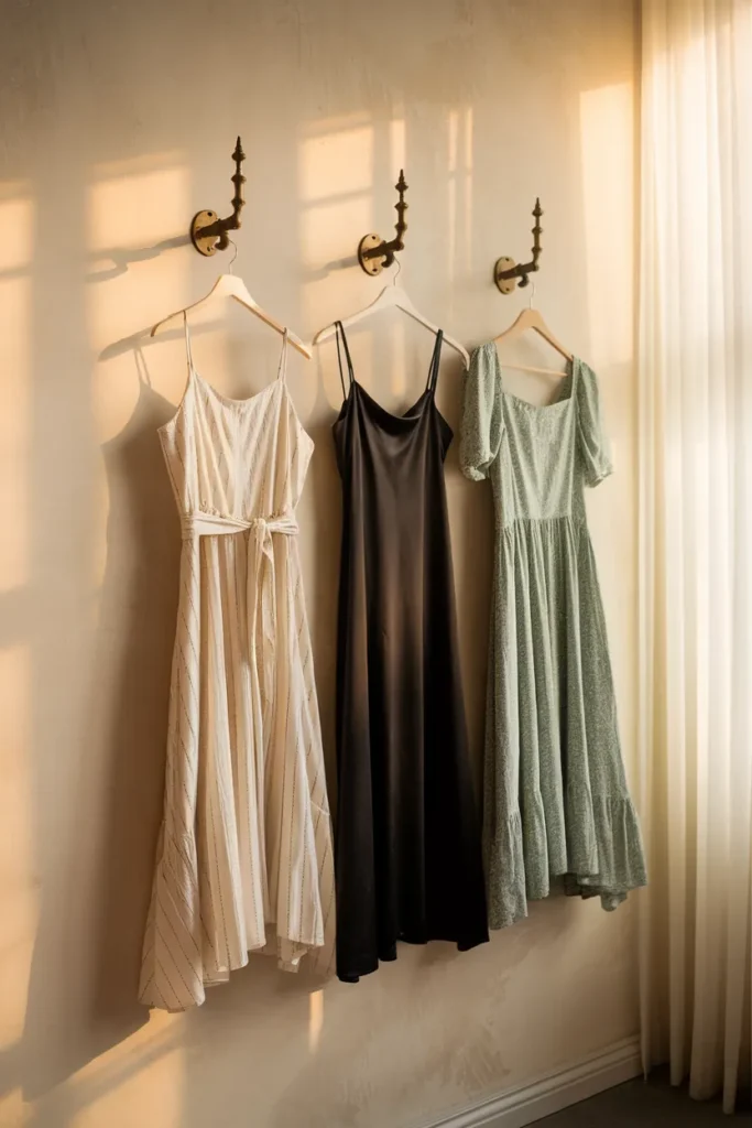 Three romantic capsule dresses on brass hooks in cream, soft black, and sage floral
