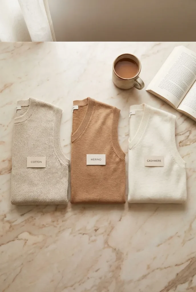 Three sweater vests by fabric and price tier styled on a marble surface