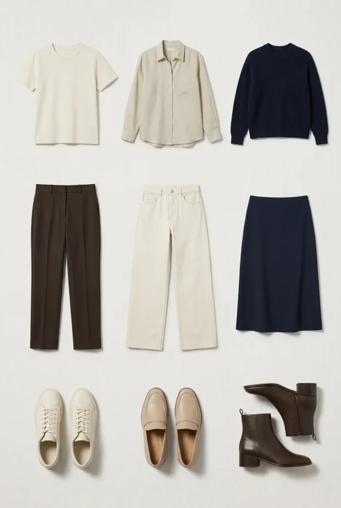 Three tops three bottoms three shoes Scandinavian mix and match capsule