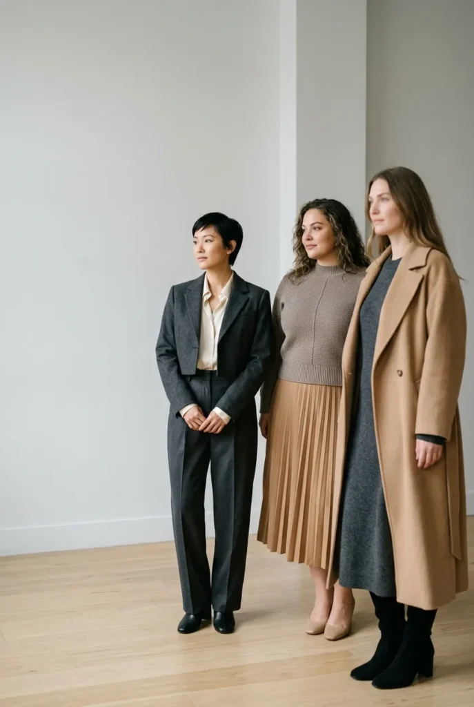 Three women in neutral winter work outfits styled for different body proportions.