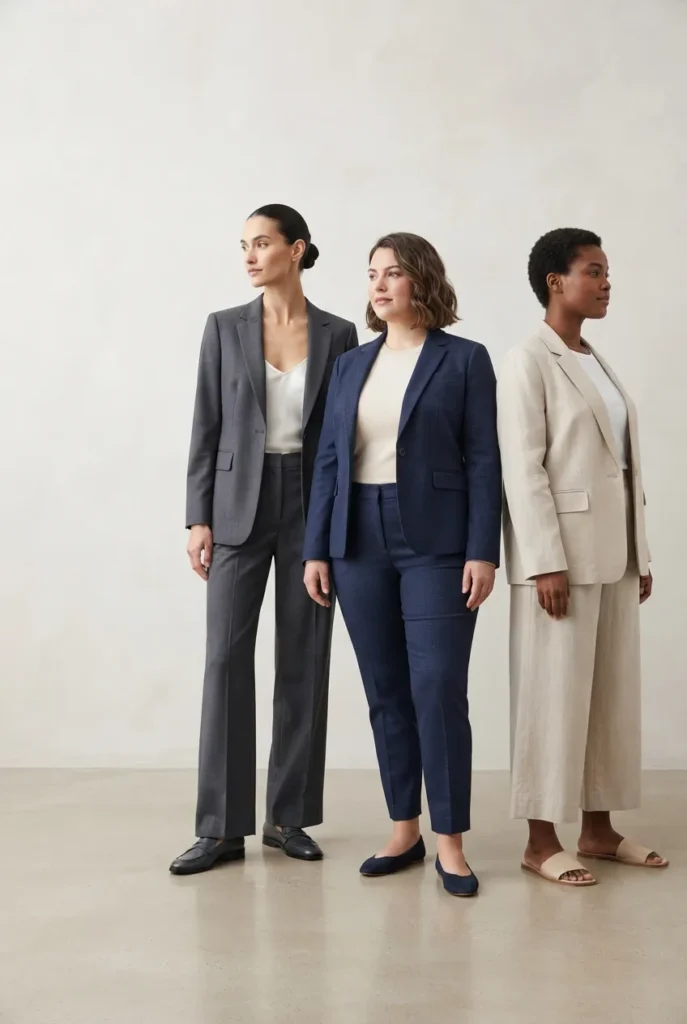 Three women in well-fitted neutral suits showing business professional wardrobe fit by proportion.