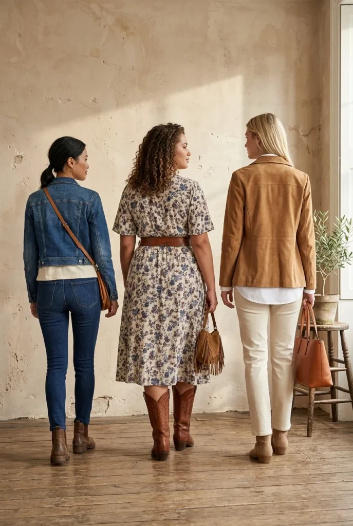 Three women in western outfits styled for petite, curvy, and over-40 frames. Western Outfits for Women