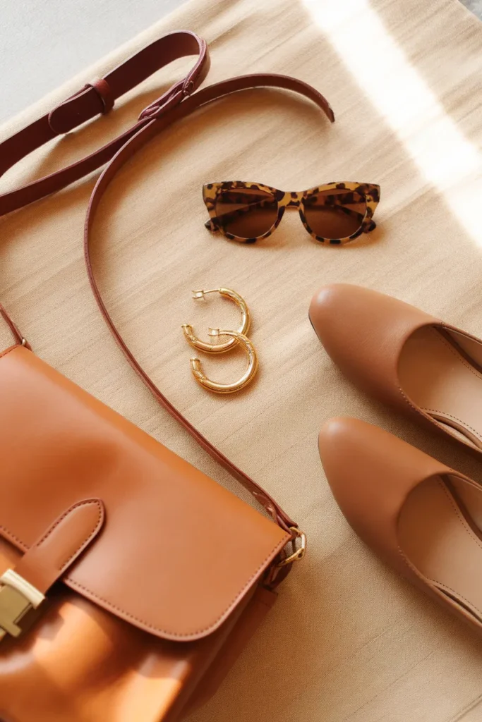 Tonal camel accessories with one burgundy belt as an accent for a monochrome outfit