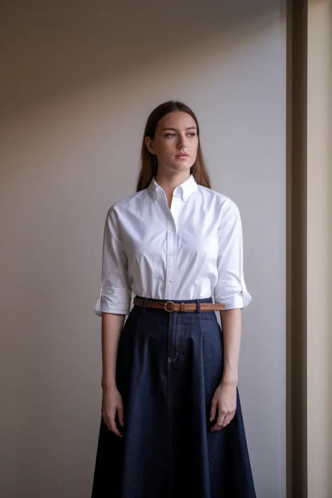Tucked white button-down with dark denim skirt and leather belt for a polished look.