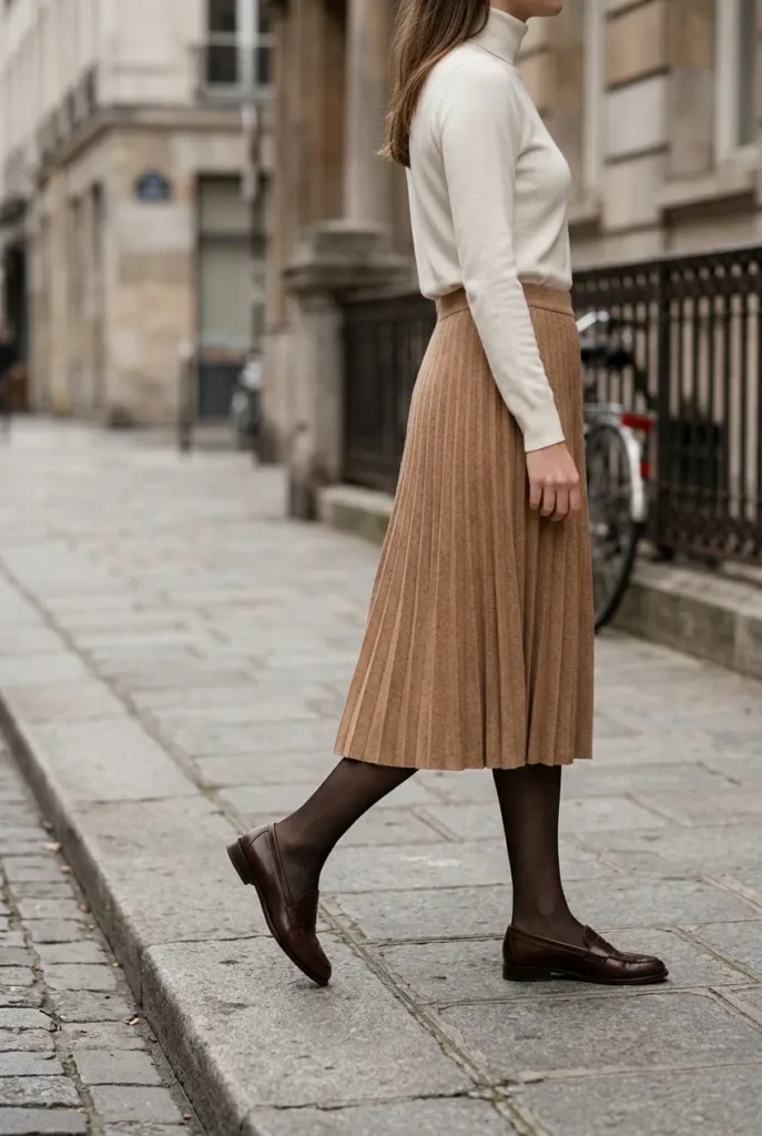 Turtleneck and pleated midi skirt with loafers, a polished winter work outfit.