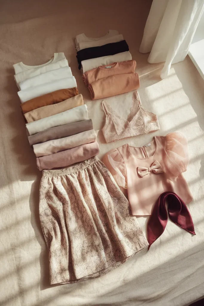 Twelve neutral basics folded beside six detailed romantic pieces showing the 7030 wardrobe split