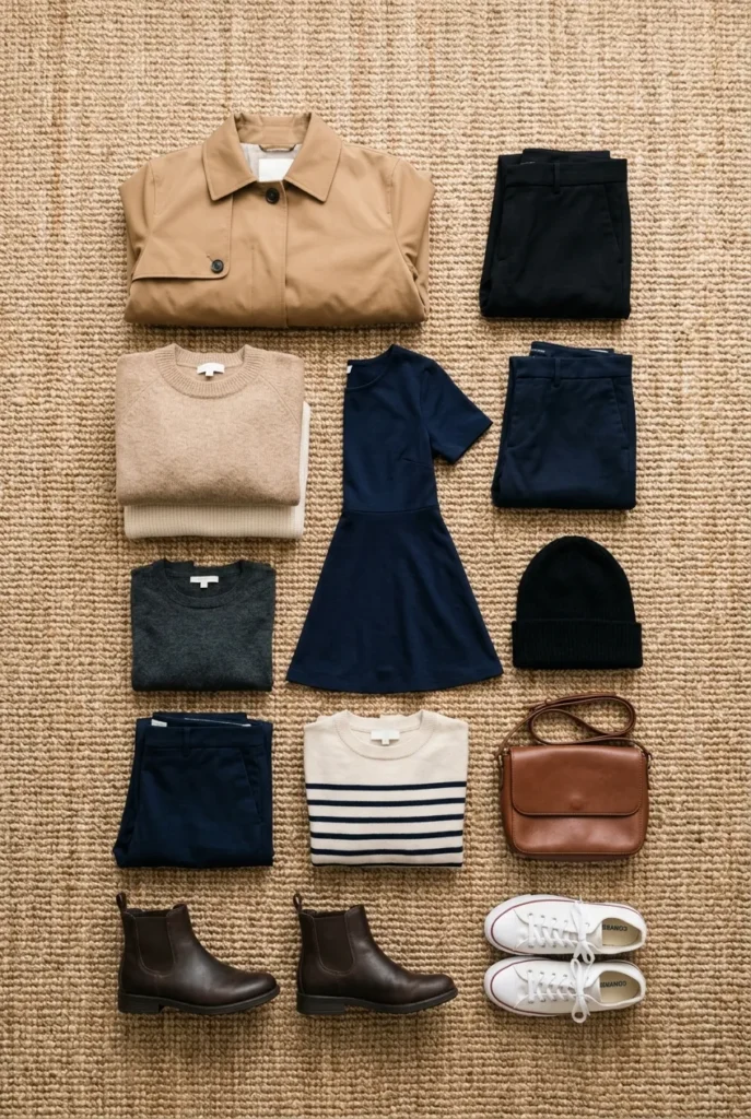 Twelve-piece Scotland travel capsule wardrobe flat-lay