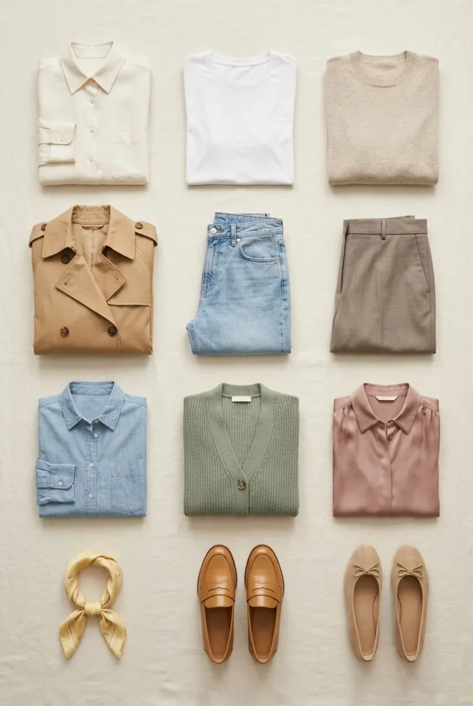 Twelve-piece spring color palette capsule laid out in neutrals with dusty rose and butter yellow accents.