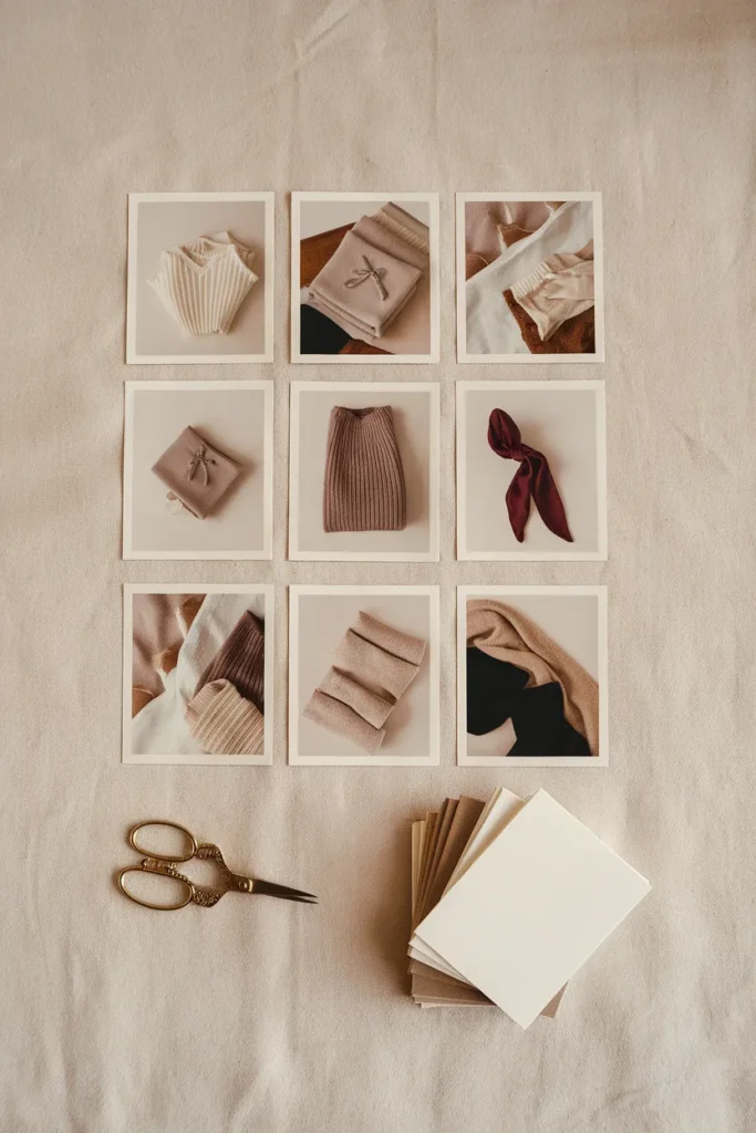 Twelve printed pins laid in a grid showing the 12-pin capsule wardrobe vision board method