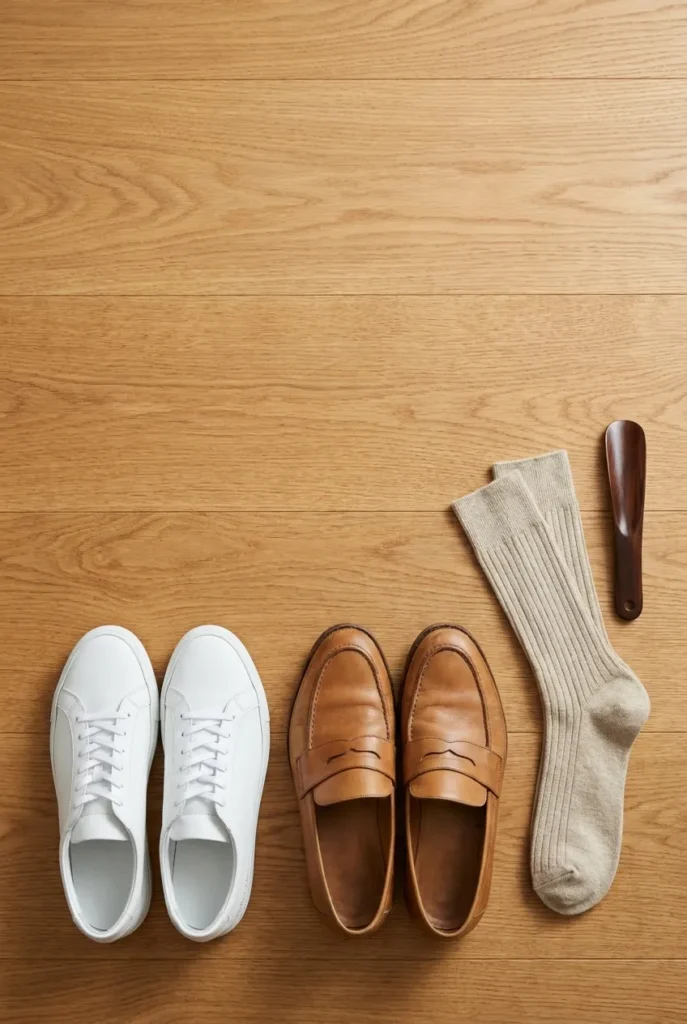 Two capsule shoe pairs for Japan, white sneakers and tan loafers, flat-lay
