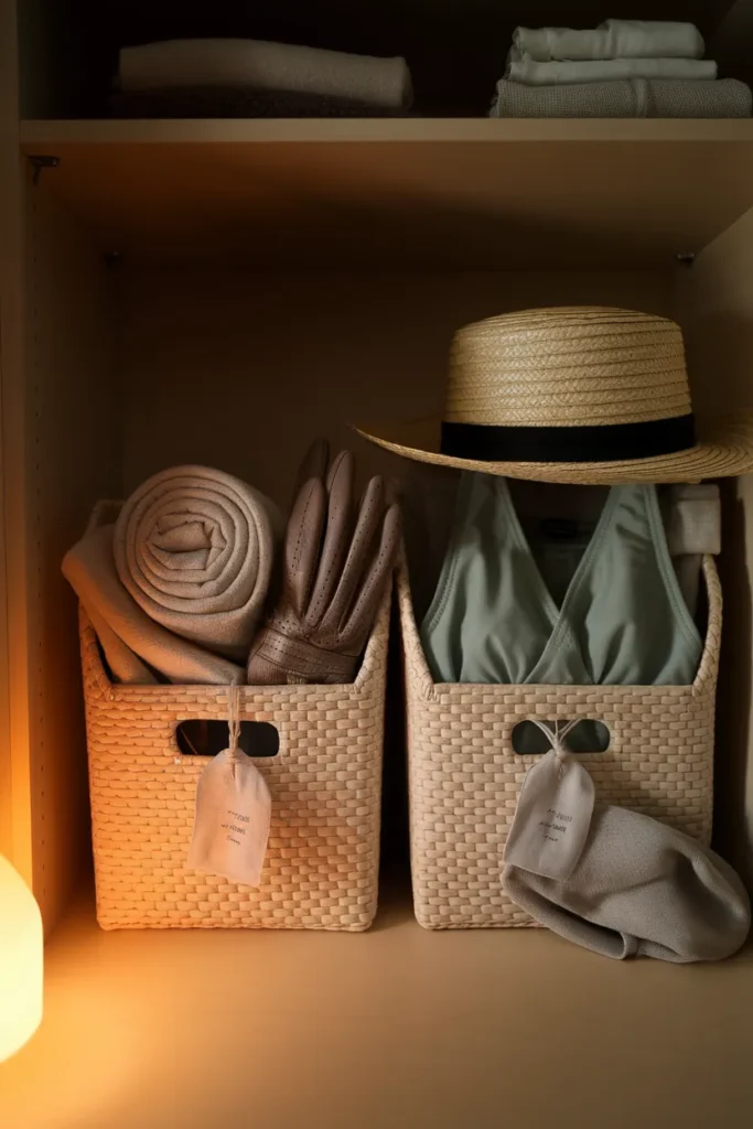Two labeled seasonal kit bins holding winter accessories and summer pieces for a year round capsule