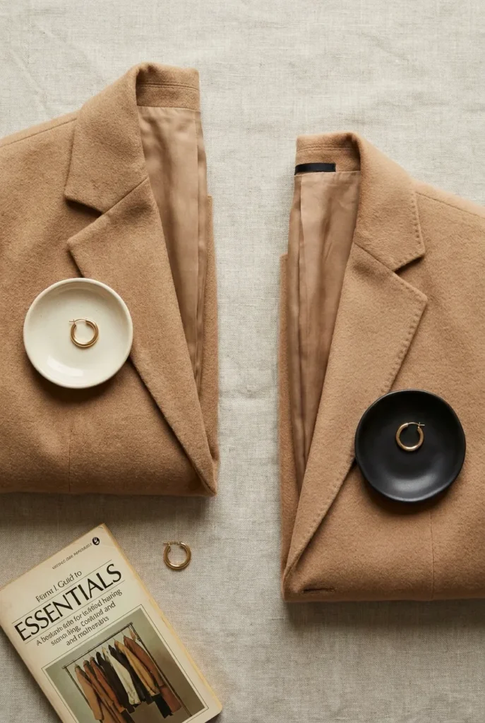 Two similar camel blazers side by side showing an investment piece and a budget dupe