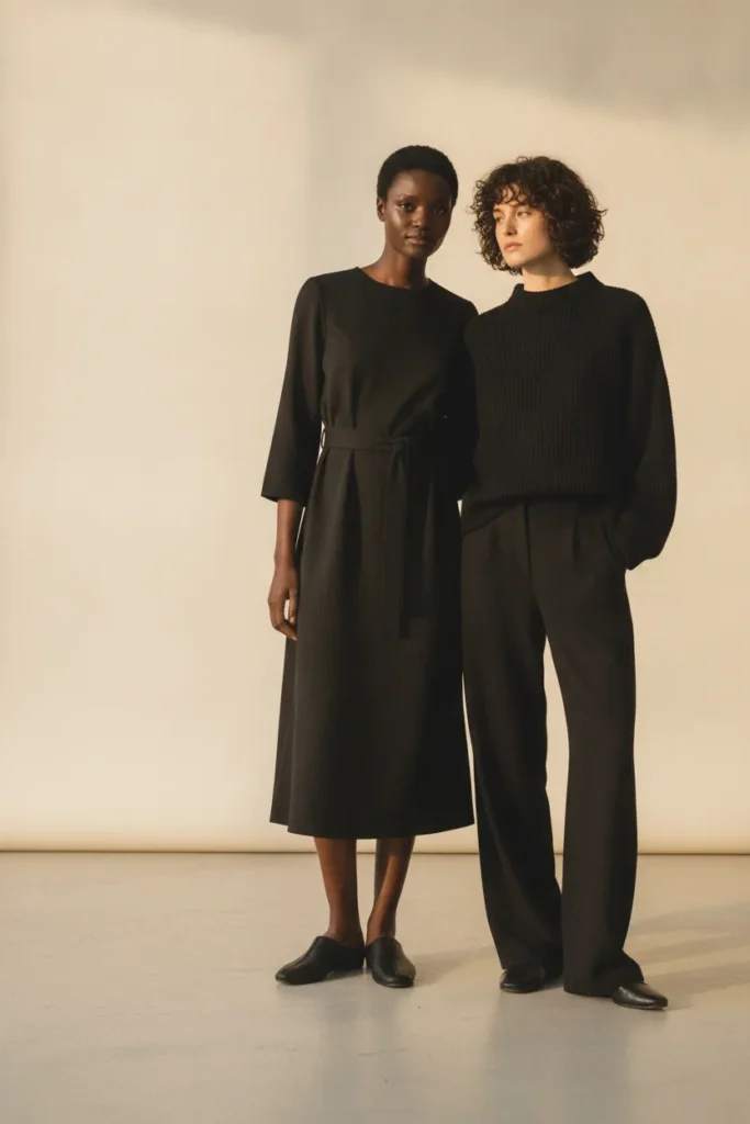 Two women in different all black outfits showing styling for different body proportions