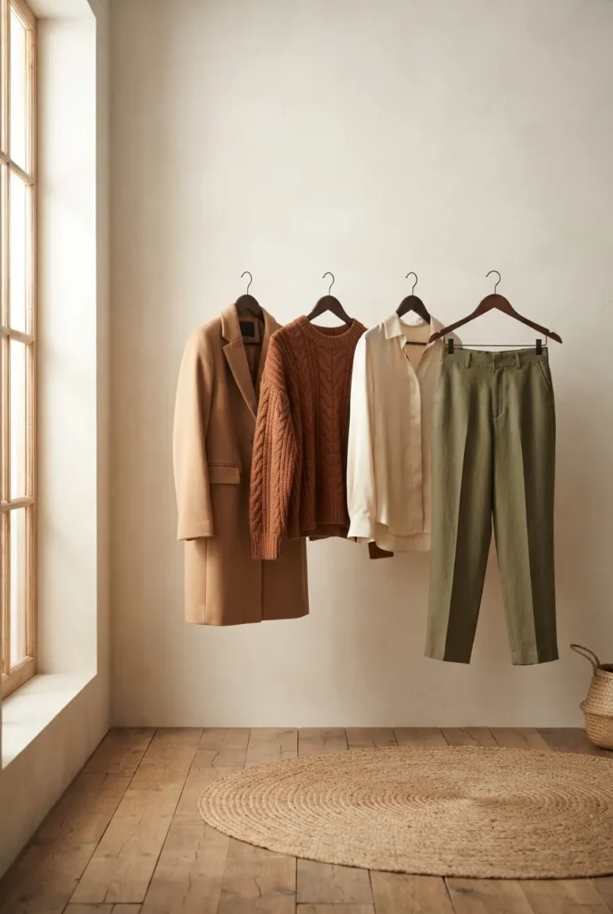 Warm autumn capsule wardrobe on wooden hangers in camel, rust, cream, and olive.