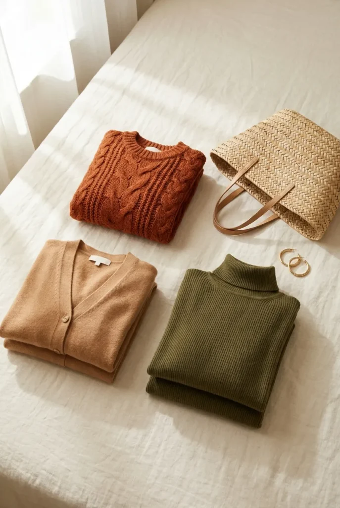 Warm autumn color palette flat-lay in rust, camel, and olive on cream linen.