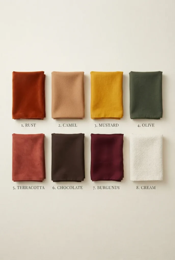 Warm autumn color palette swatches labeled rust, camel, mustard, olive, and cream.
