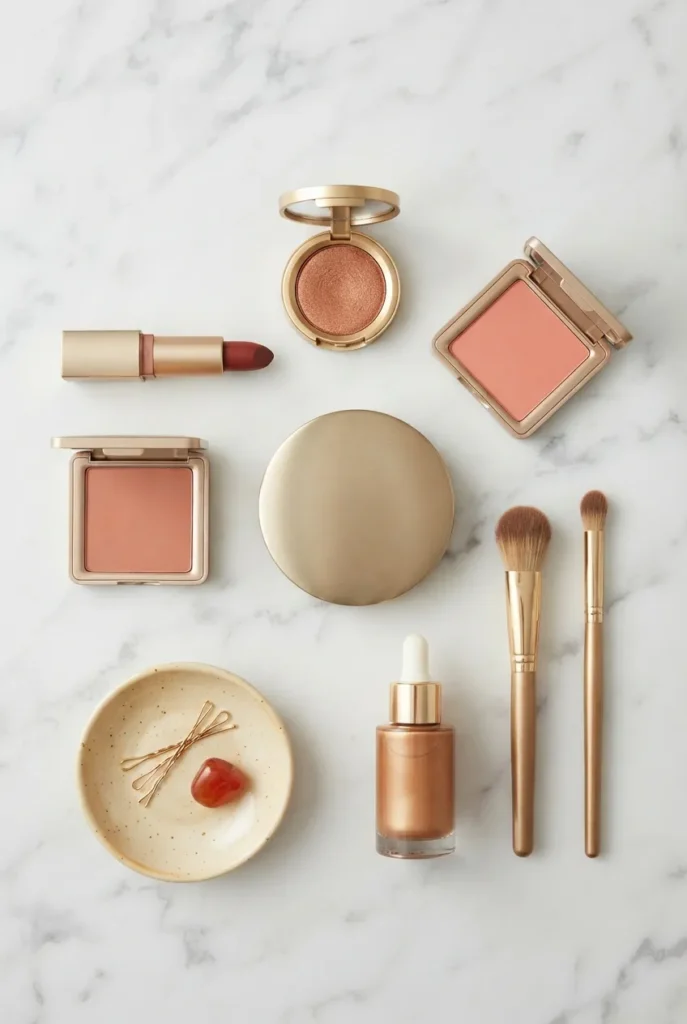 Warm autumn makeup flat-lay in terracotta, bronze, and copper tones on marble.