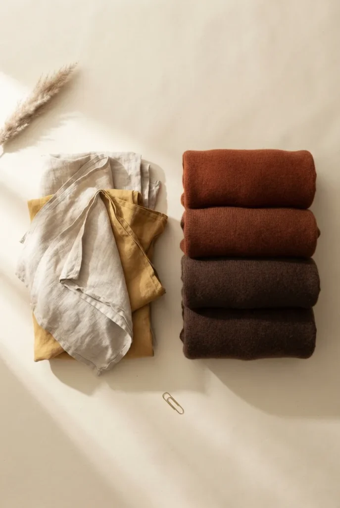Warm autumn palette shown in light linens and heavier wool knits for year-round wear.