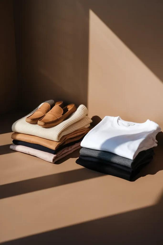 Warm neutral outfit stack beside a cool neutral outfit stack for comparison.