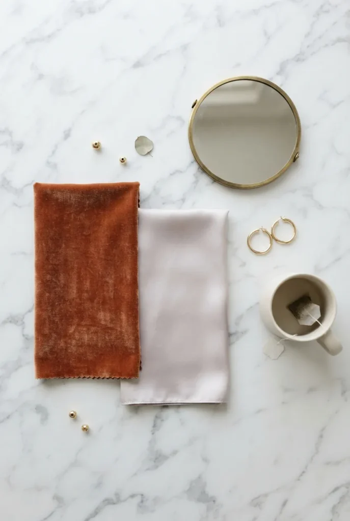 Warm rust versus cool pink fabric swatches on a marble vanity for a color test.