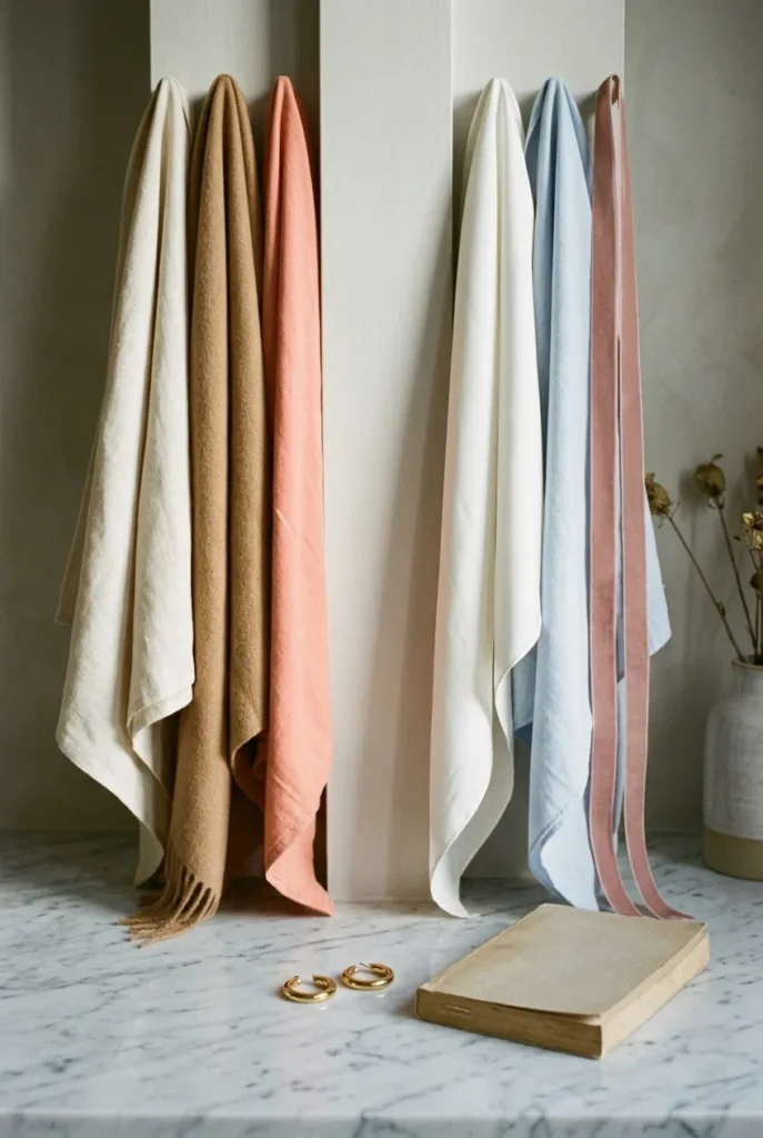 Warm spring colors beside cool spring colors compared as fabric drapes on a marble vanity.