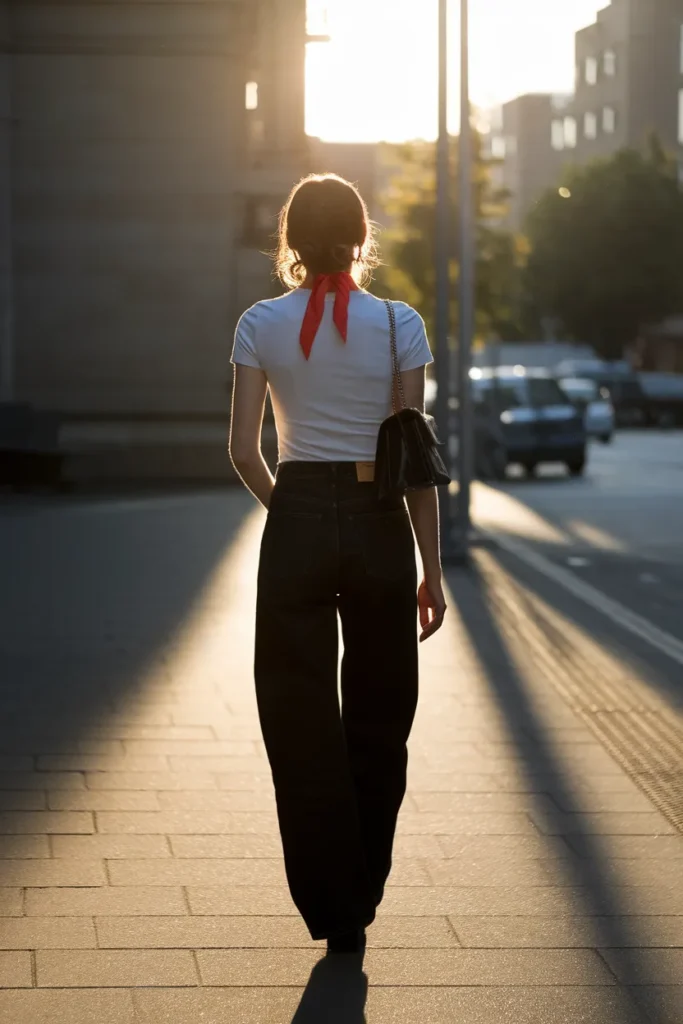 Wearable Y2K outfit idea with low slung straight jeans, fitted tee, and skinny scarf at golden hour