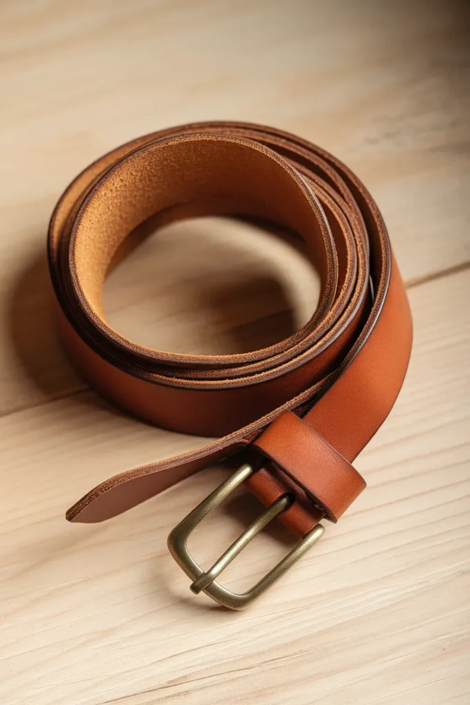 Well worn cognac leather capsule belt showing years of wear on a pale oak surface