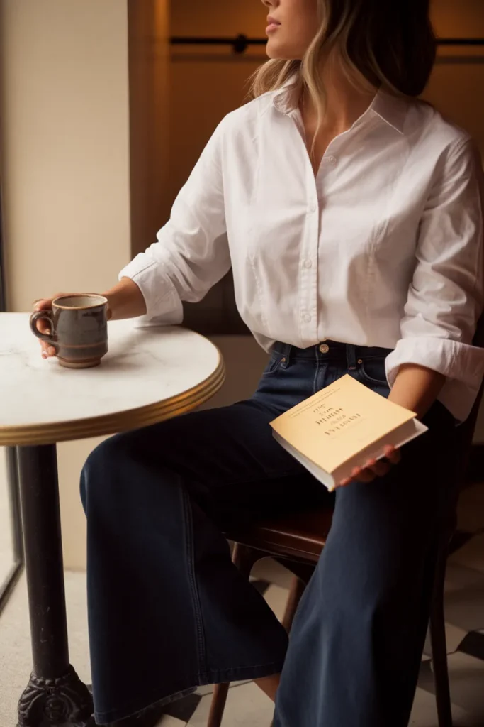 White button-down half tucked into navy wide-leg jeans at a cafe table.
