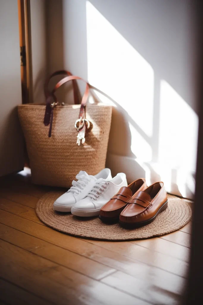 White leather sneakers and cognac loafers on a jute rug by a dorm room door
