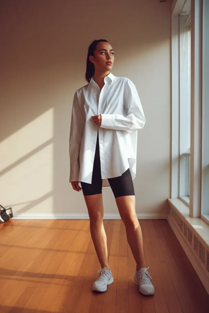 White oversized shirt half-tucked over black bike shorts for an easy leggy summer outfit.
