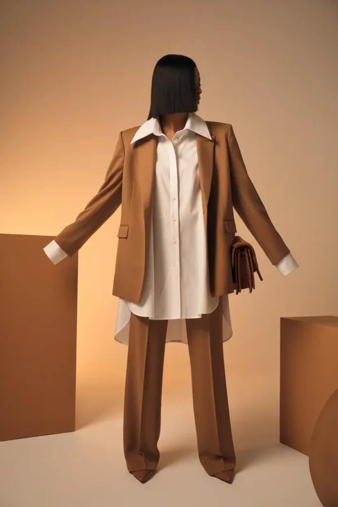 White oversized shirt layered under a camel blazer with straight trousers for an office look.