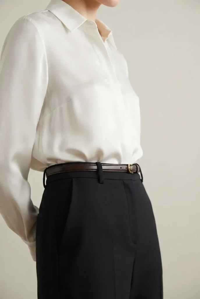 White silk blouse tucked into black tailored trousers with thin leather belt.