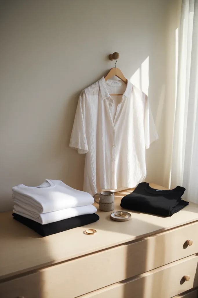 White tee, black tee, and white button-down folded for a college capsule wardrobe