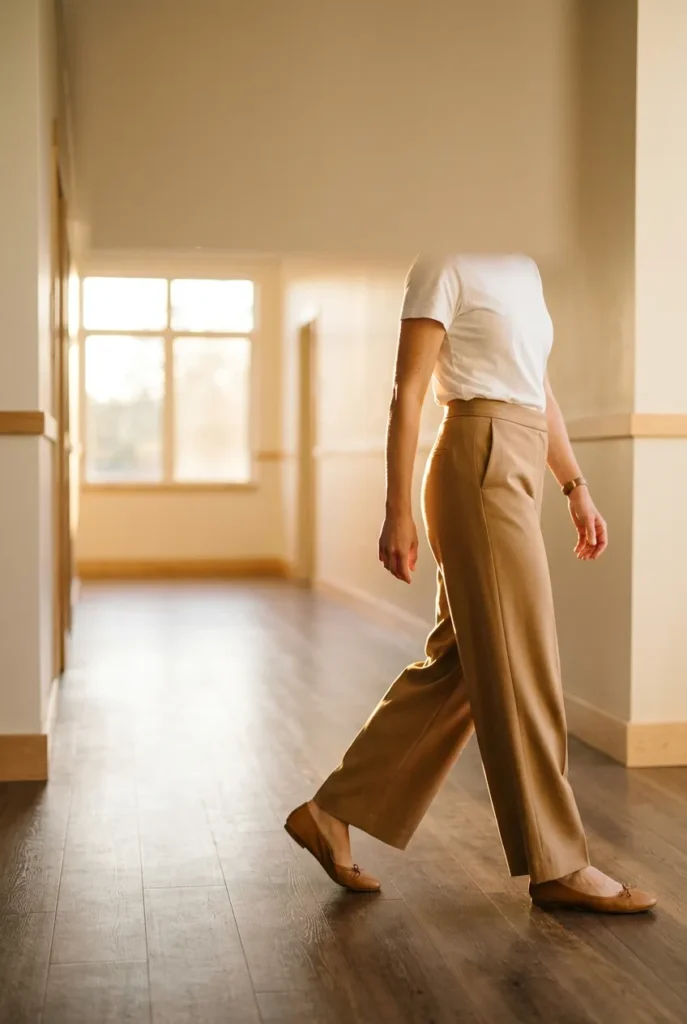 Wide-leg camel trousers and white tee as a comfortable teacher outfit