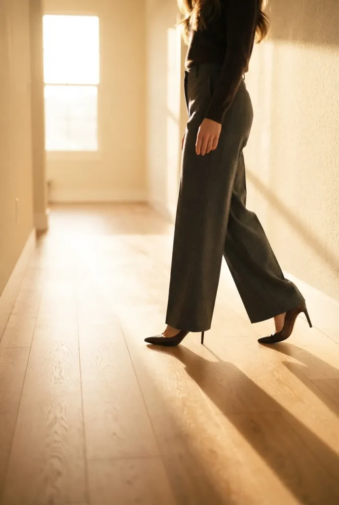 Wide-leg charcoal trousers and pumps, a versatile business professional wardrobe bottom.
