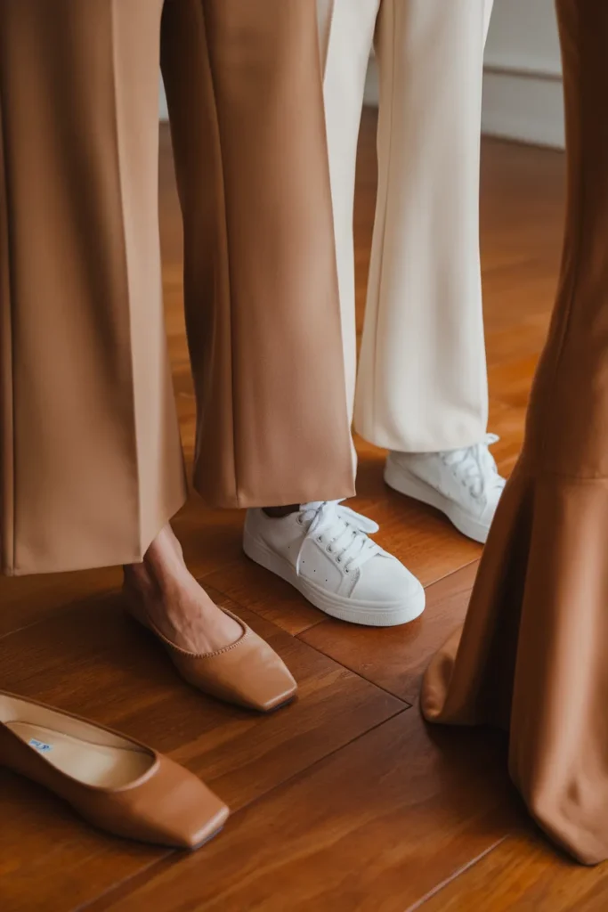 Wide-leg jeans hems shown with ballet flats, sneakers, and block heels at ankle height.