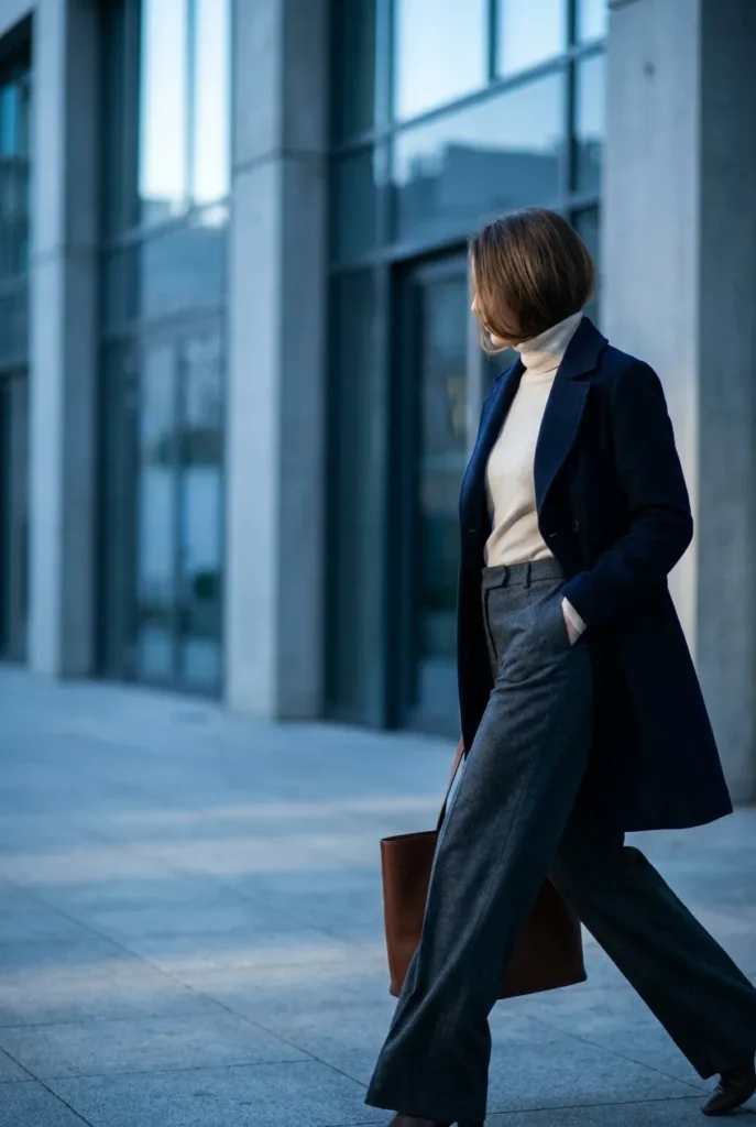 Wide-leg trousers over hidden tall boots with a cream knit for a winter work outfit.