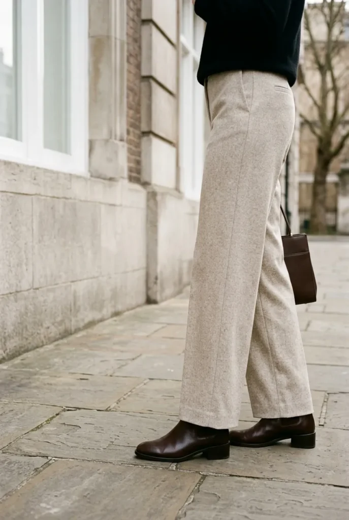 Wide-leg trousers styled over espresso ankle boots for a polished fall look