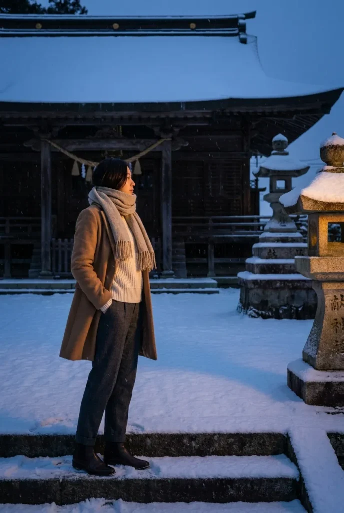 Winter Japan capsule outfit with camel wool coat and scarf at a snowy shrine