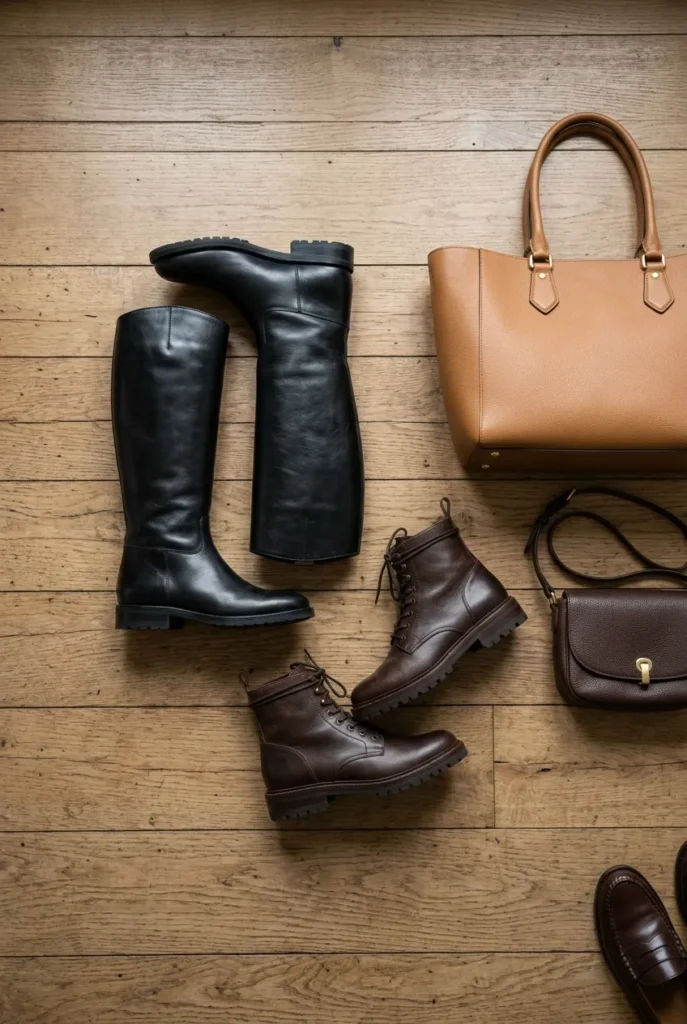 Winter capsule wardrobe boots and bags in black, brown, and camel leather.
