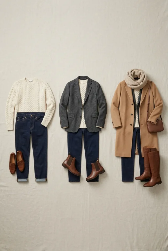 Winter capsule wardrobe layering shown in three steps from one knit to a full coat outfit.