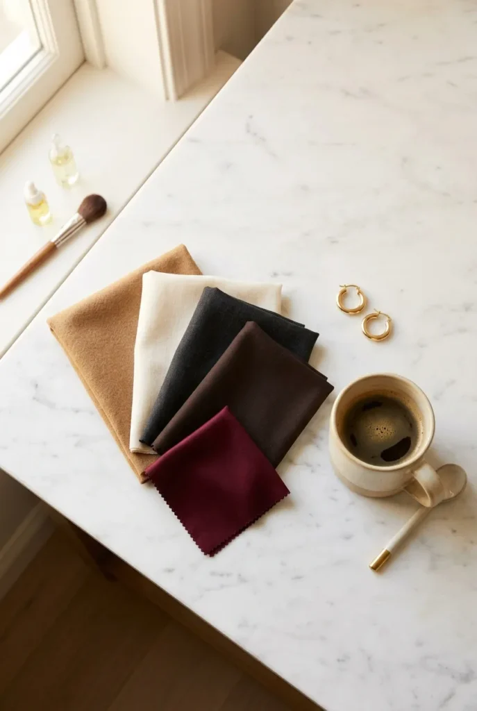Winter capsule wardrobe neutral color palette in camel, cream, black, and espresso.
