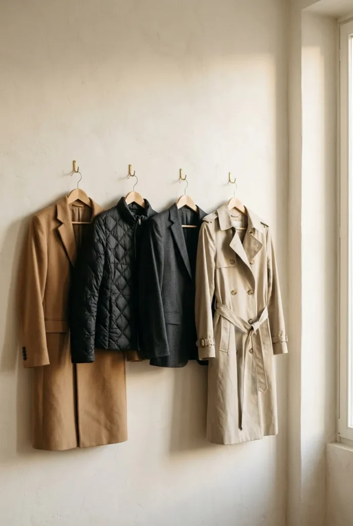 Winter capsule wardrobe outerwear including a camel coat, quilted jacket, blazer, and trench.