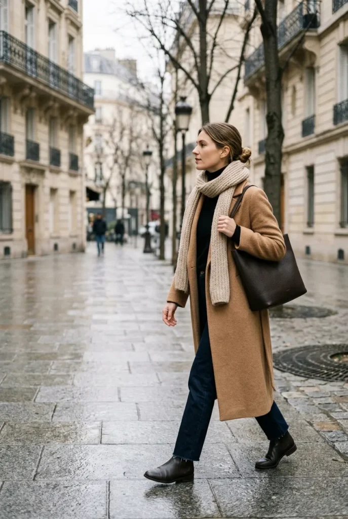 Winter capsule wardrobe outfit in camel coat, black turtleneck, and dark jeans on a city street.