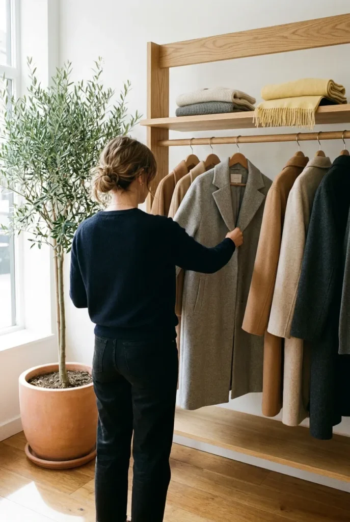 Woman browsing neutral wool coats on a rail in a minimalist boutique