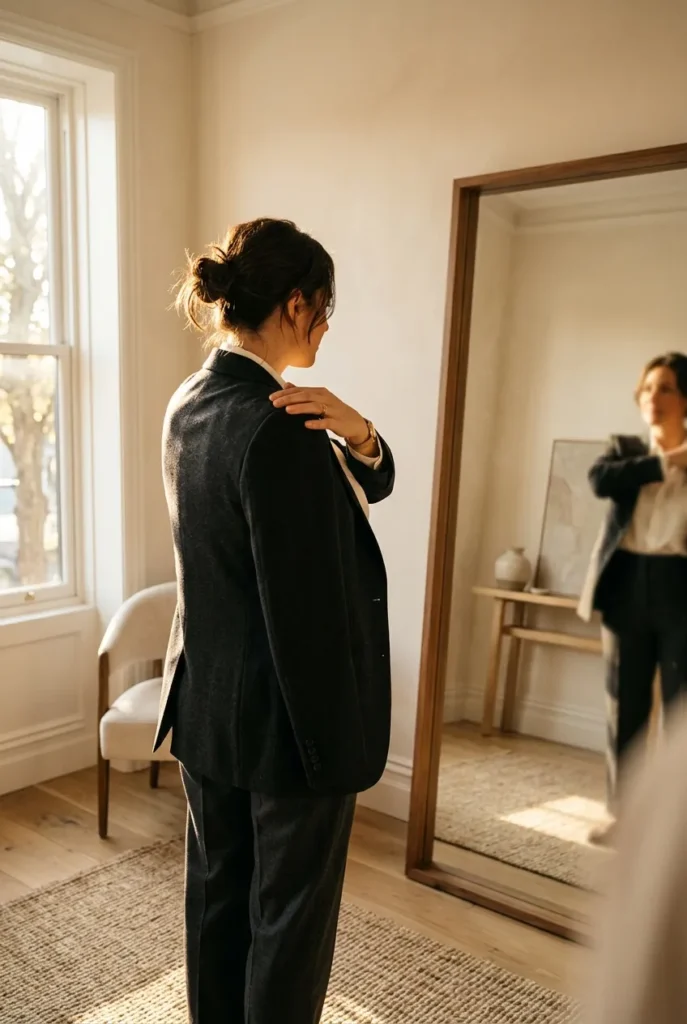 Woman checking the blazer shoulder fit of her job interview outfit in a mirror